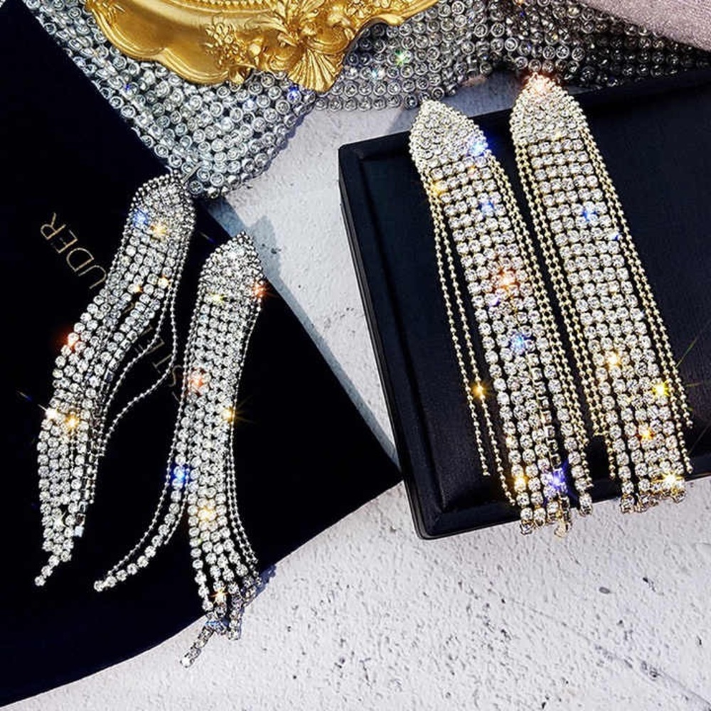 NEW Triangle Rhinestone Long Tassels Exaggerate Designer Fashion Earrings